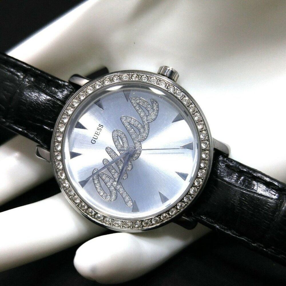 GUESS Wristwatch Logo Dial Rhinestones, Black Leather Strap, G76072L, 9 Inches